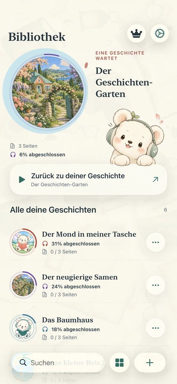 Narrify-Bibliothek mit runden Covern und Hörfortschritt.
