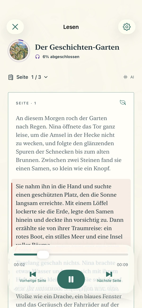 Narrify-Lesebereich mit Text, Fortschritt und Audiosteuerung.
