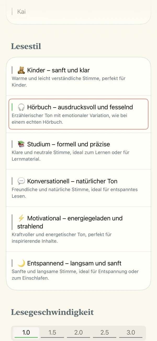 Einstellungen für die KI-Stimme mit sechs Lesestilen und Geschwindigkeitsregler.