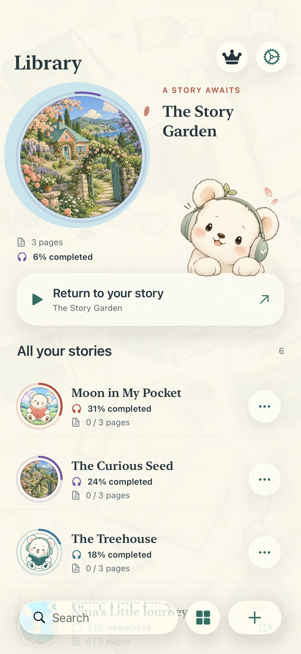 Narrify Library with circular covers and listening progress.