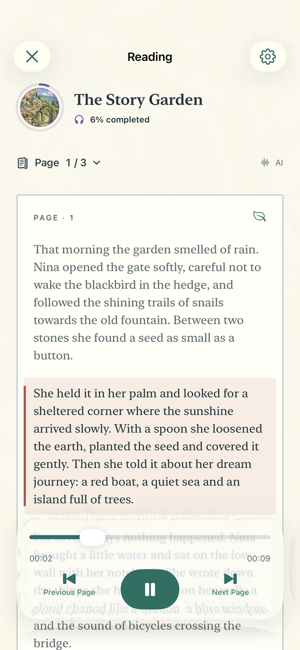 Narrify Reader showing text, progress and audio controls.