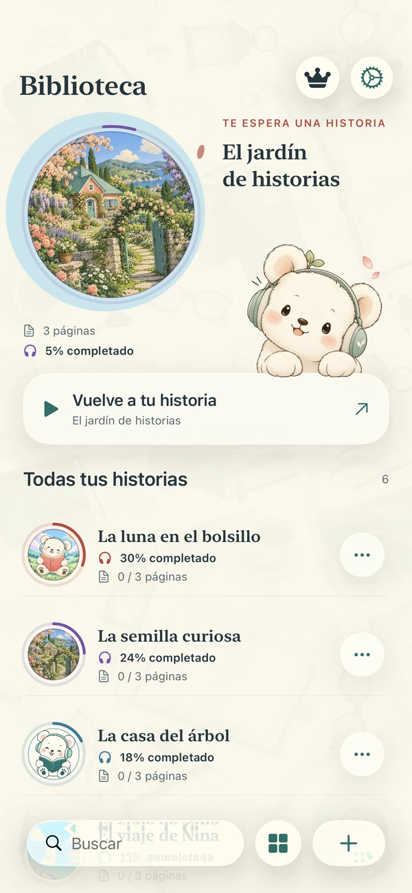 Biblioteca de Narrify con portadas circulares y progreso de escucha.