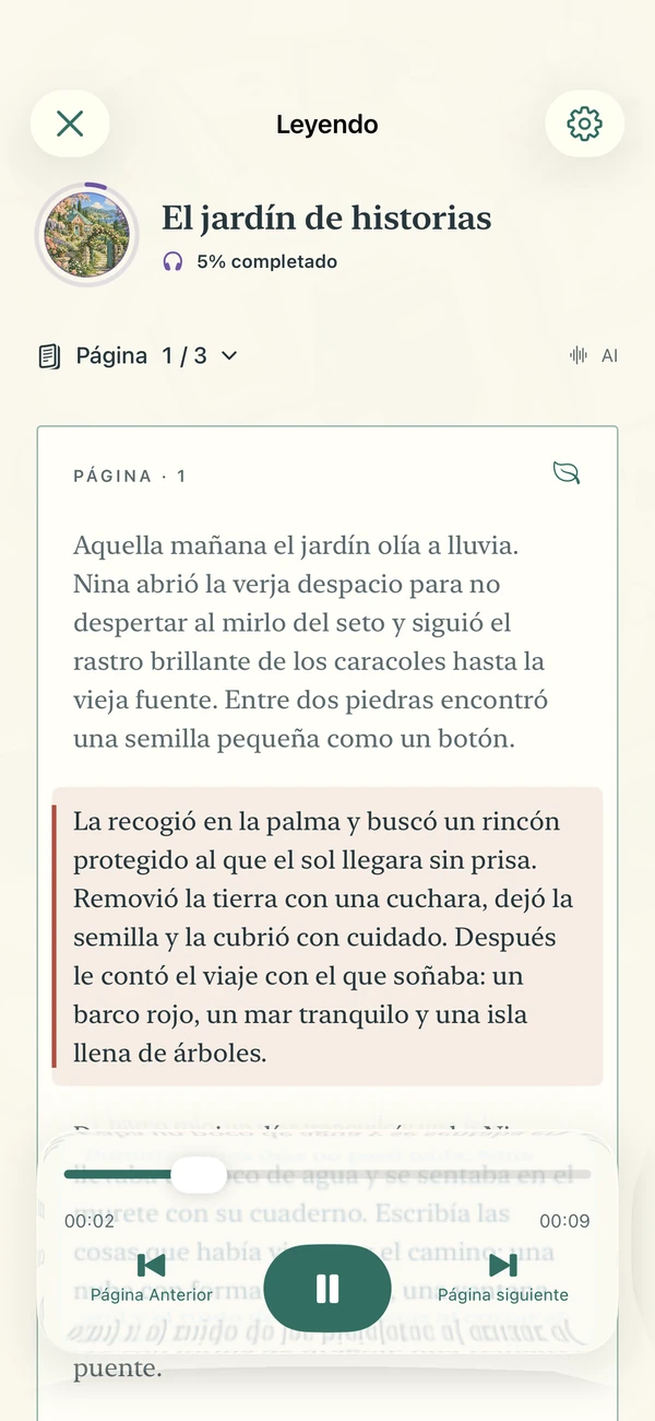 Lector de Narrify con texto, progreso y controles de audio.