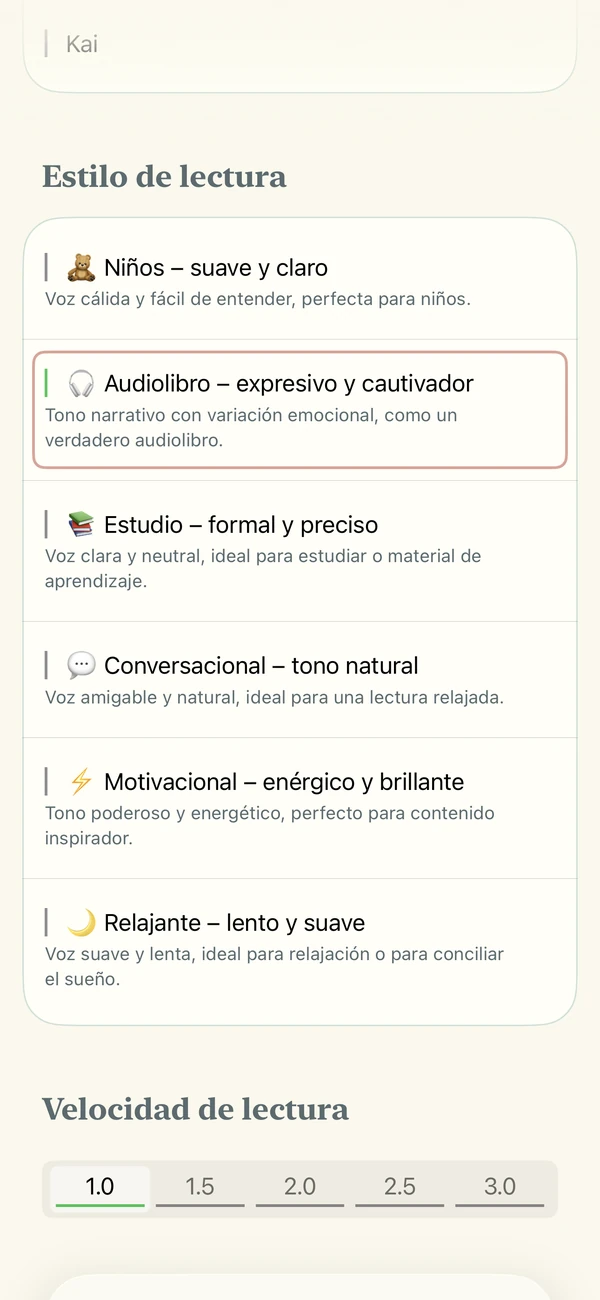 Ajustes de voz de IA con seis estilos de lectura y control de velocidad.