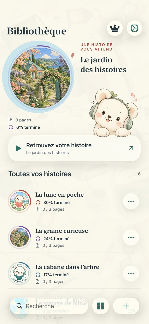 Bibliothèque de Narrify avec des couvertures rondes et la progression d’écoute.
