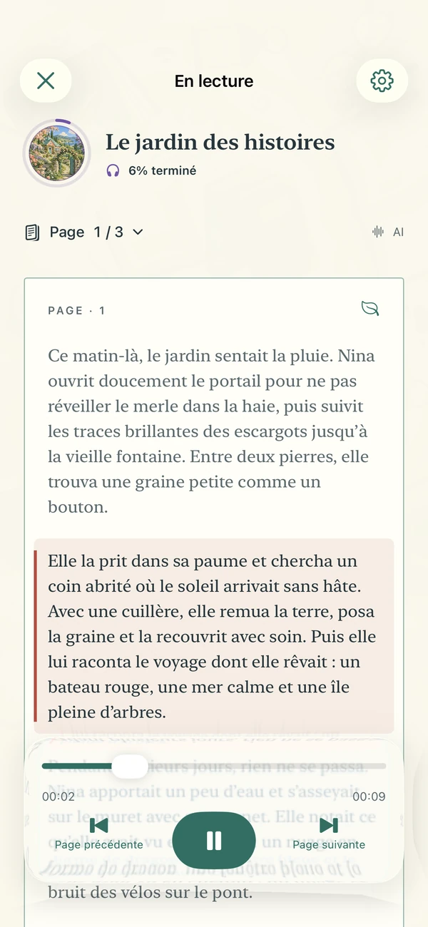 Lecteur de Narrify avec le texte, la progression et les commandes audio.