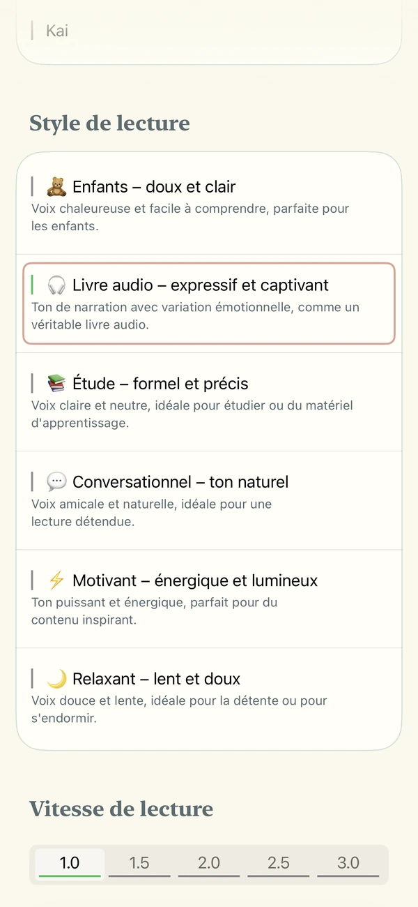 Réglages de la voix IA : six styles de lecture et un réglage de vitesse.