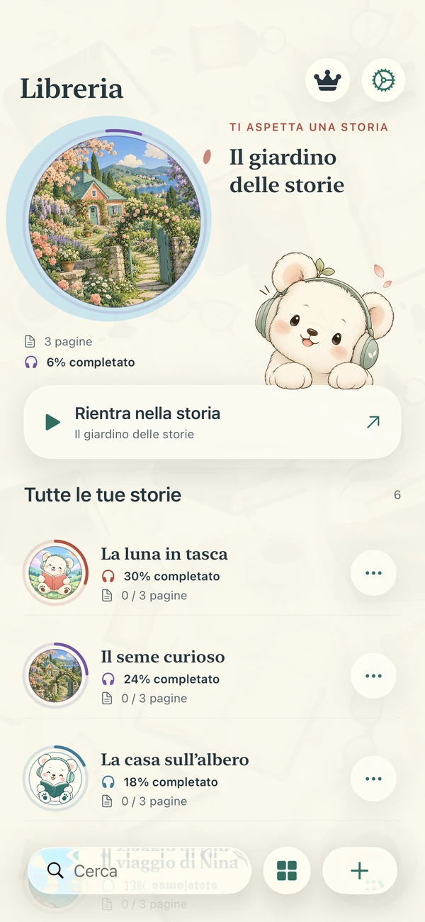 Libreria di Narrify con copertine circolari e progressi di ascolto.