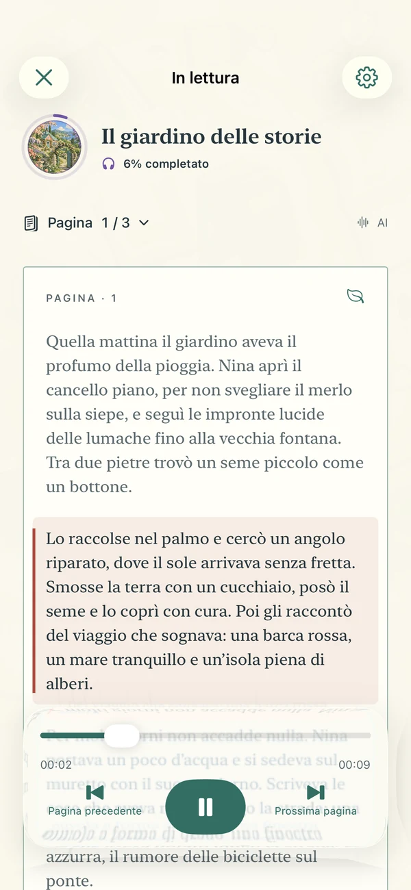 Lettore di Narrify con testo, progressi e controlli audio.