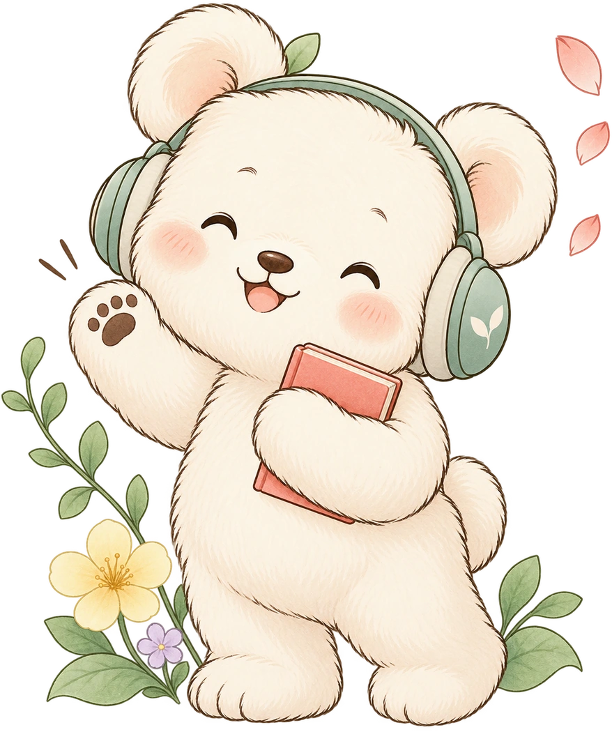 Narrify’s little bear waves, holding a book and wearing headphones.
